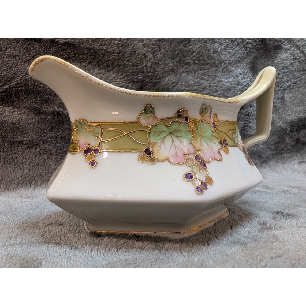 Antique Hand‎ Painted Nippon Gravy Boat Grape & Vine Gold Trim Hexagonal...